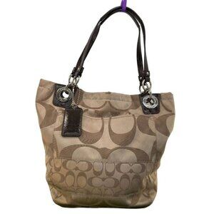 Coach Signature Beige & Brown Tote Handbag With Leather Handles & Zipper Closure